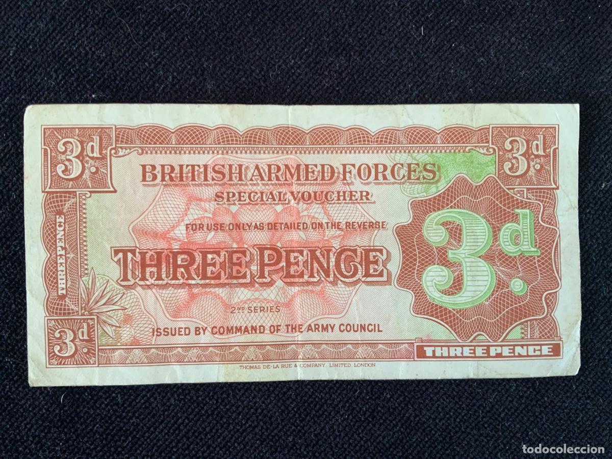 Billetes extranjeros: Billete three pence british armed forces.