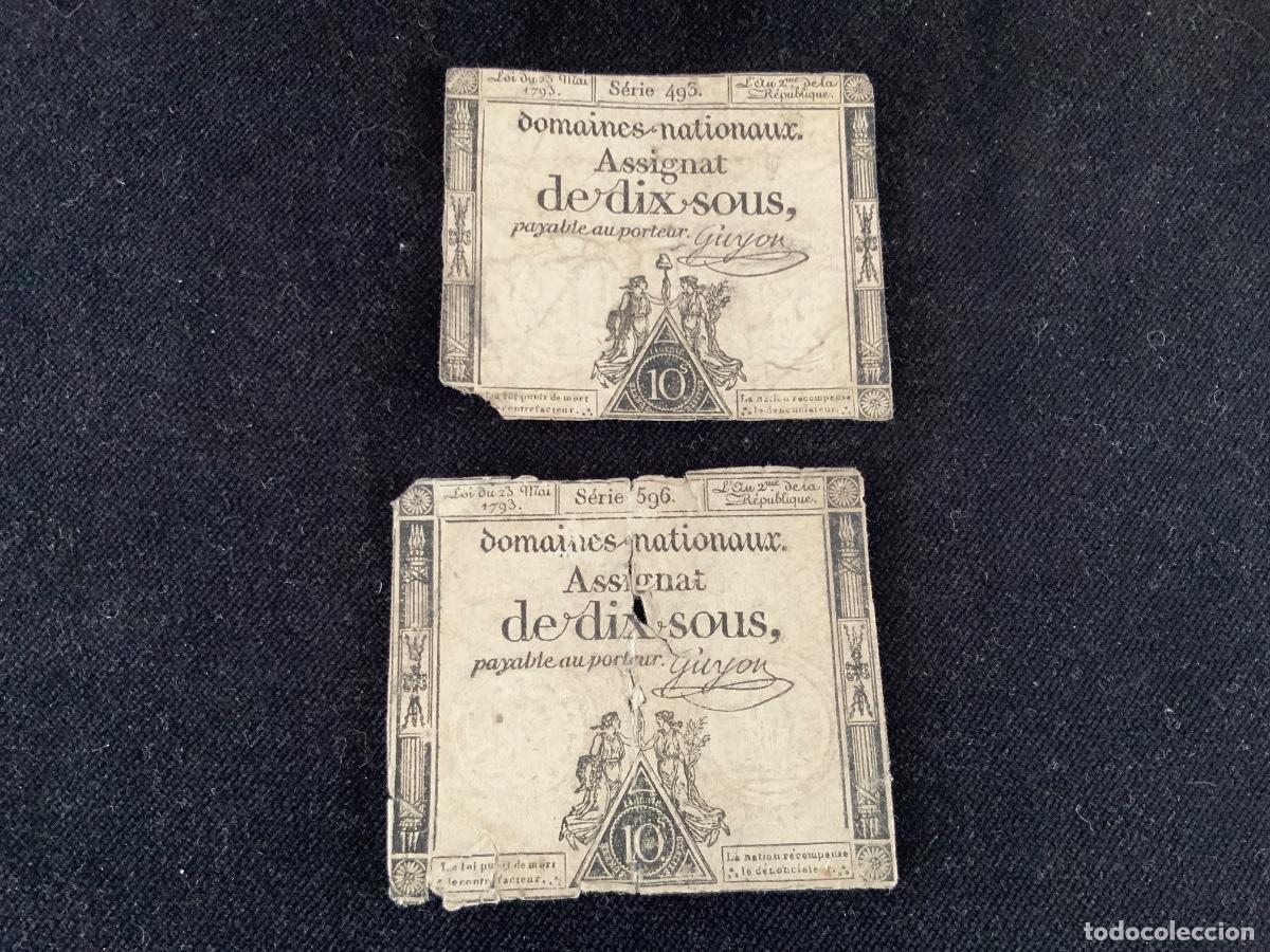 Billetes extranjeros: Lote de 2 antiguos billetes 10 sols 1793, francia.