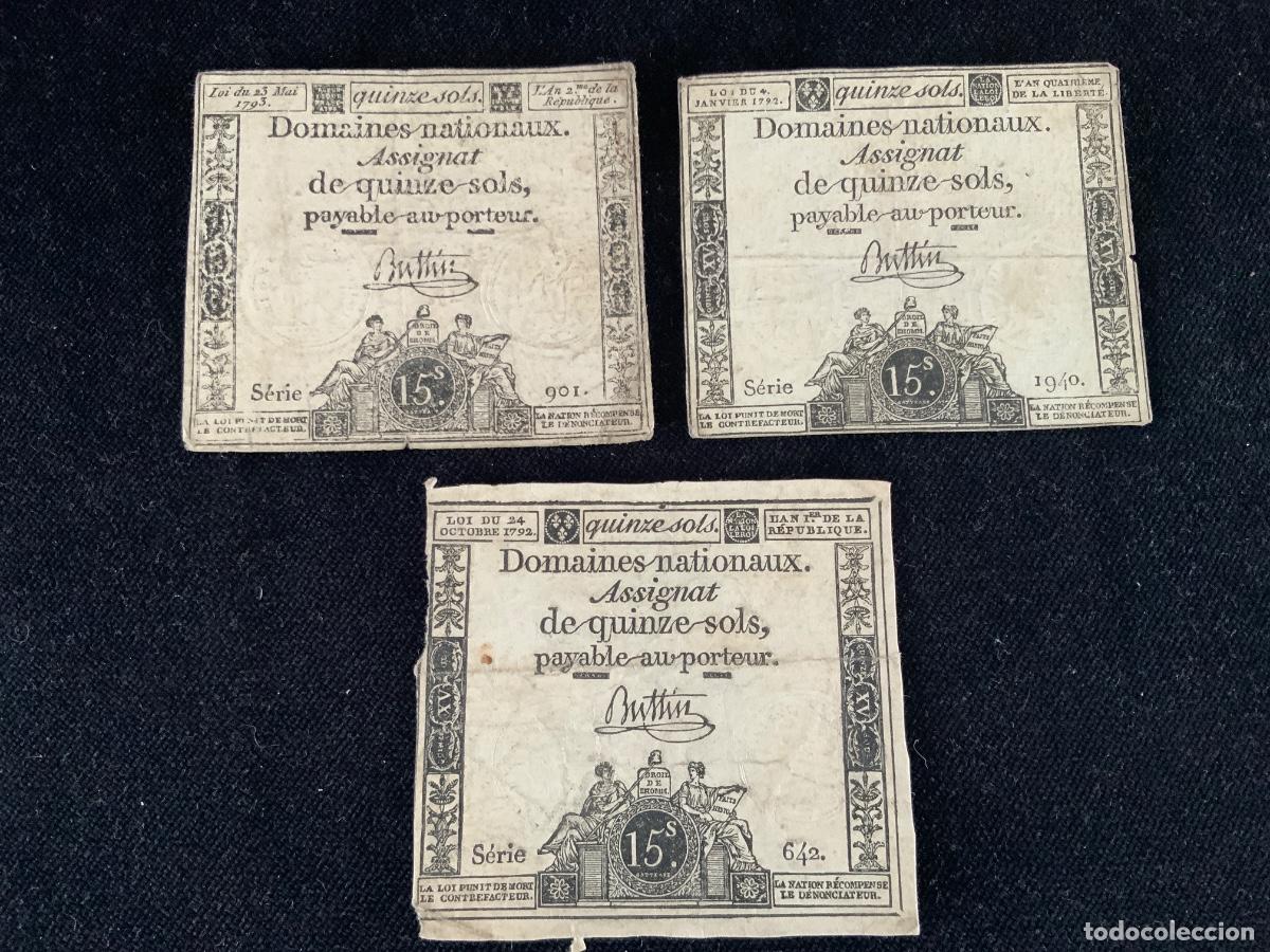 Billetes extranjeros: Lote de 3 billetes de 15 sols 1792
