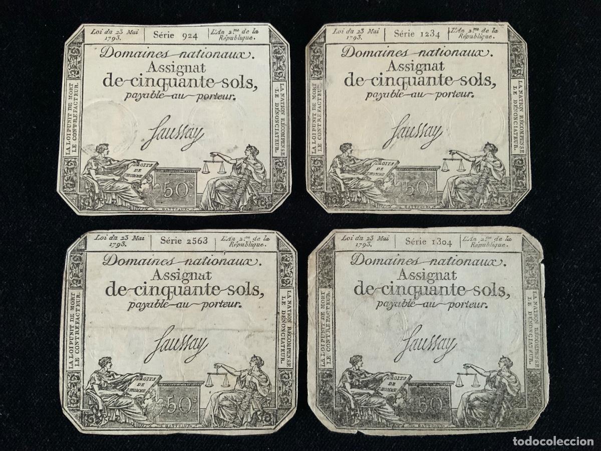 Billetes extranjeros: Lote de 4 billetes 50 sols 1793. Francia.