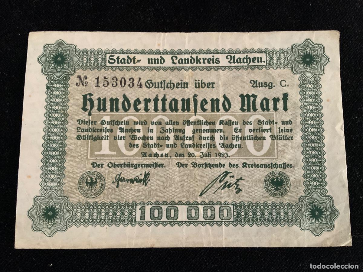Billetes extranjeros: Billete de 100000 marcos Aachen , Alemania. 1923.