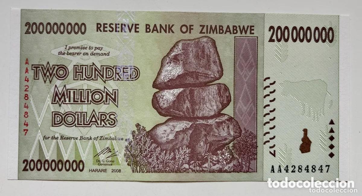 Billetes extranjeros: Billete ZIMBABWE 200000000 Dolares 2008 SC . 200 millones