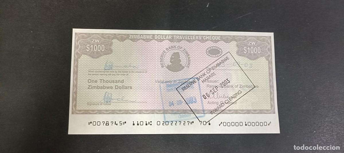 Billetes extranjeros: ZIMBABWE 1000 DOLARES TRAVELLERS CHEQUE 2003 S/C P=15