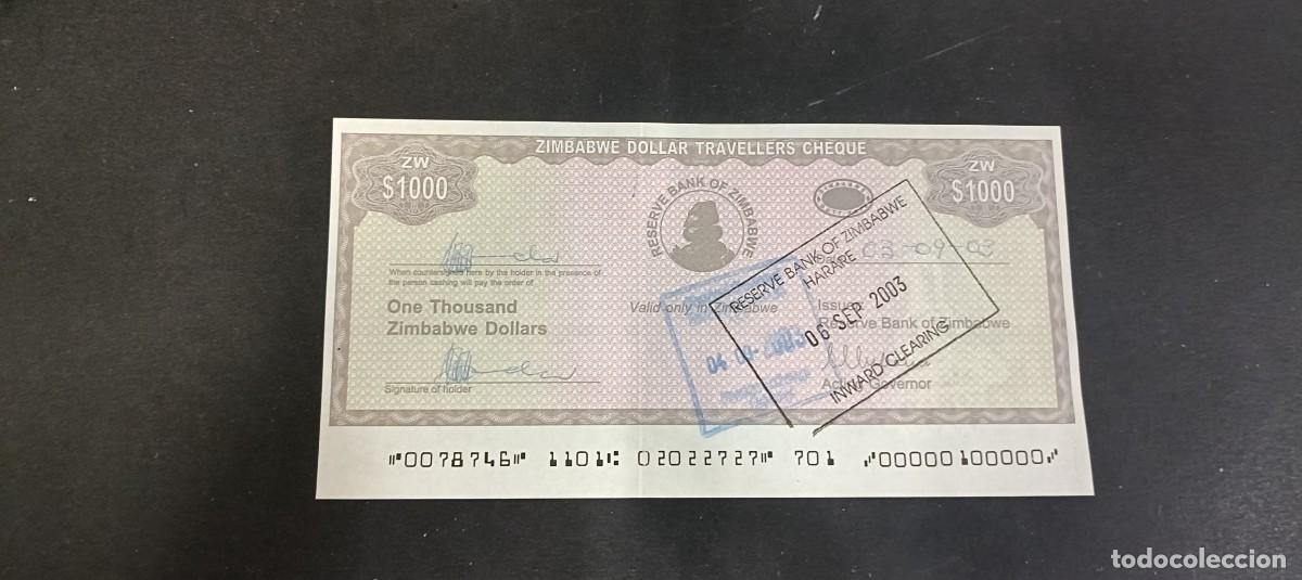 Billetes extranjeros: ZIMBABWE 1000 DOLARES TRAVELLERS CHEQUE 2003 S/C P=15