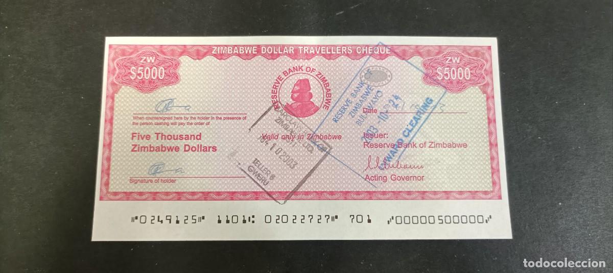 Billetes extranjeros: ZIMBABWE 5000 DOLARES TRAVELLERS CHEQUE 2003 S/C P=16