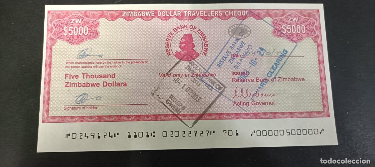 Billetes extranjeros: ZIMBABWE 5000 DOLARES TRAVELLERS CHEQUE 2003 S/C P=16