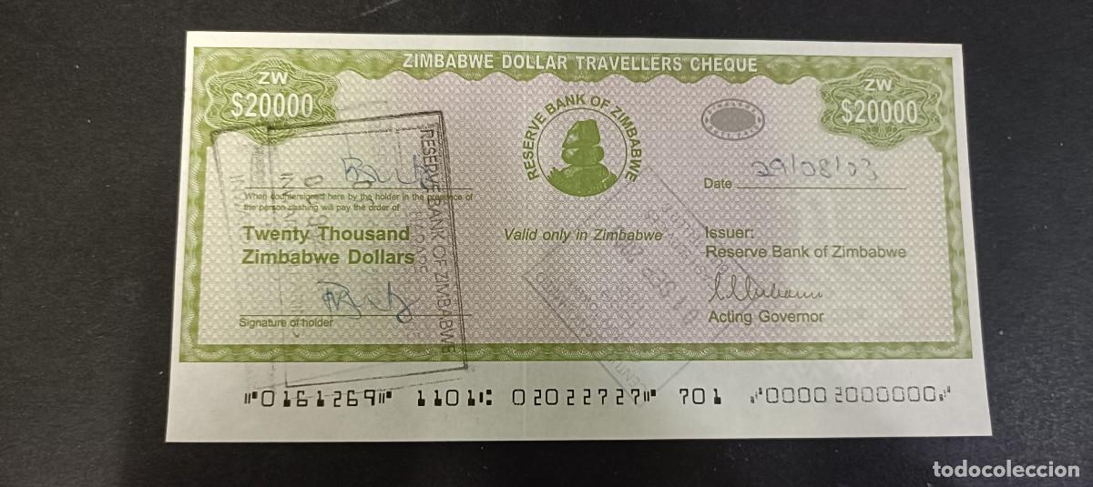Billetes extranjeros: ZIMBABWE 20000 DOLARES TRAVELLERS CHEQUE 2003 S/C P=18