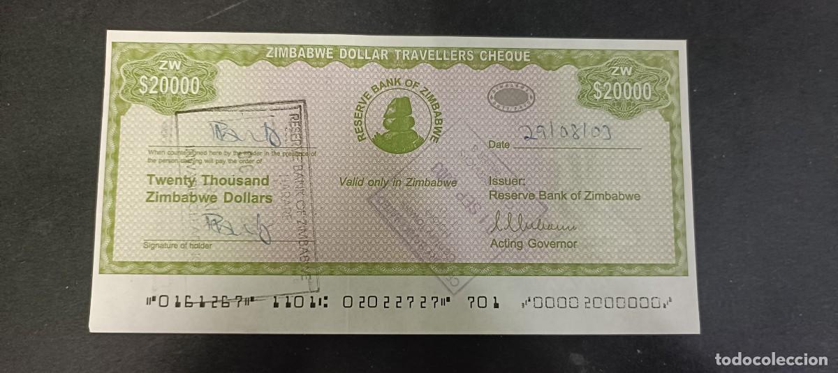 Billetes extranjeros: ZIMBABWE 20000 DOLARES TRAVELLERS CHEQUE 2003 S/C P=18