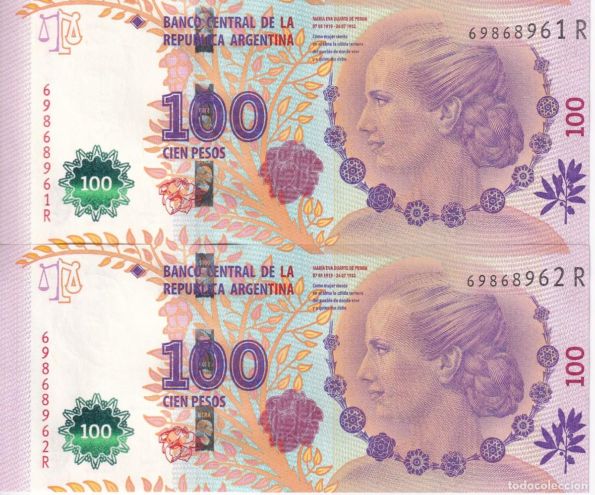 Billetes extranjeros: PAREJA CORRELATIVA DE ARGENTINA DE 100 PESOS DEL A&Ntilde;O 2012 SERIE R SIN CIRCULAR (SC) EVA PERON