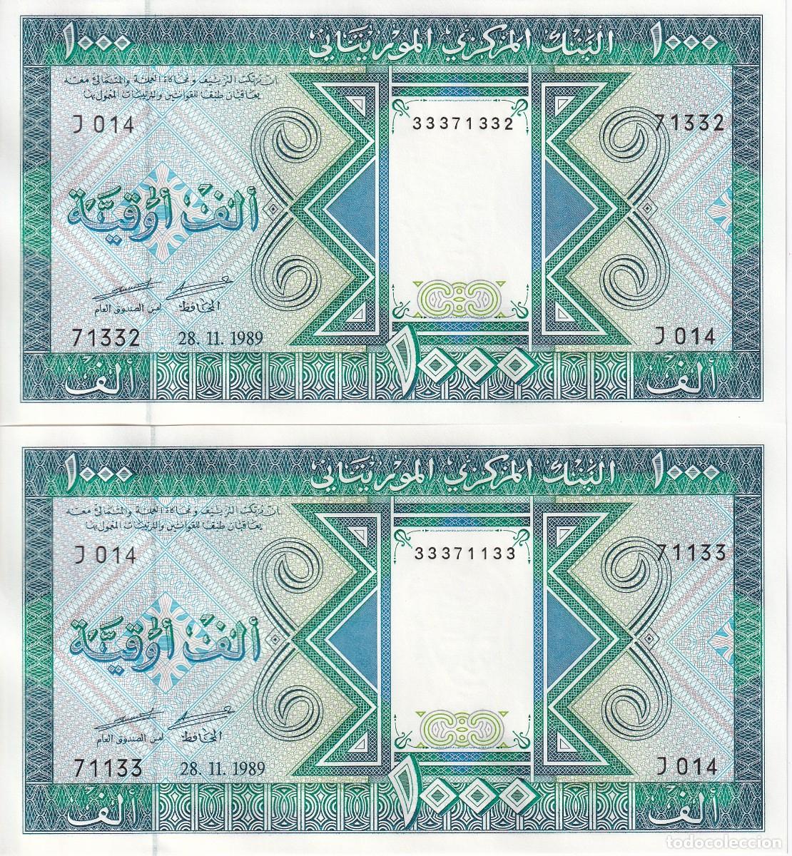 Billetes extranjeros: PAREJA CORRELATIVA DE MAURITANIA DE 1000 OUGUIYA DEL A&Ntilde;O 1989 SIN CIRCULAR (SC)
