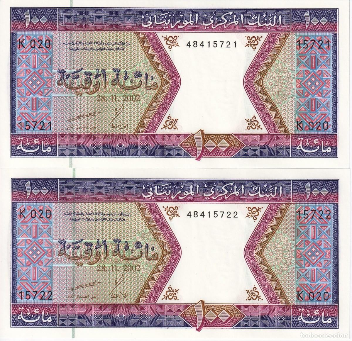 Billetes extranjeros: PAREJA CORRELATIVA DE MAURITANIA DE 100 OUGUIYA DEL A&Ntilde;O 2002 SIN CIRCULAR (SC)