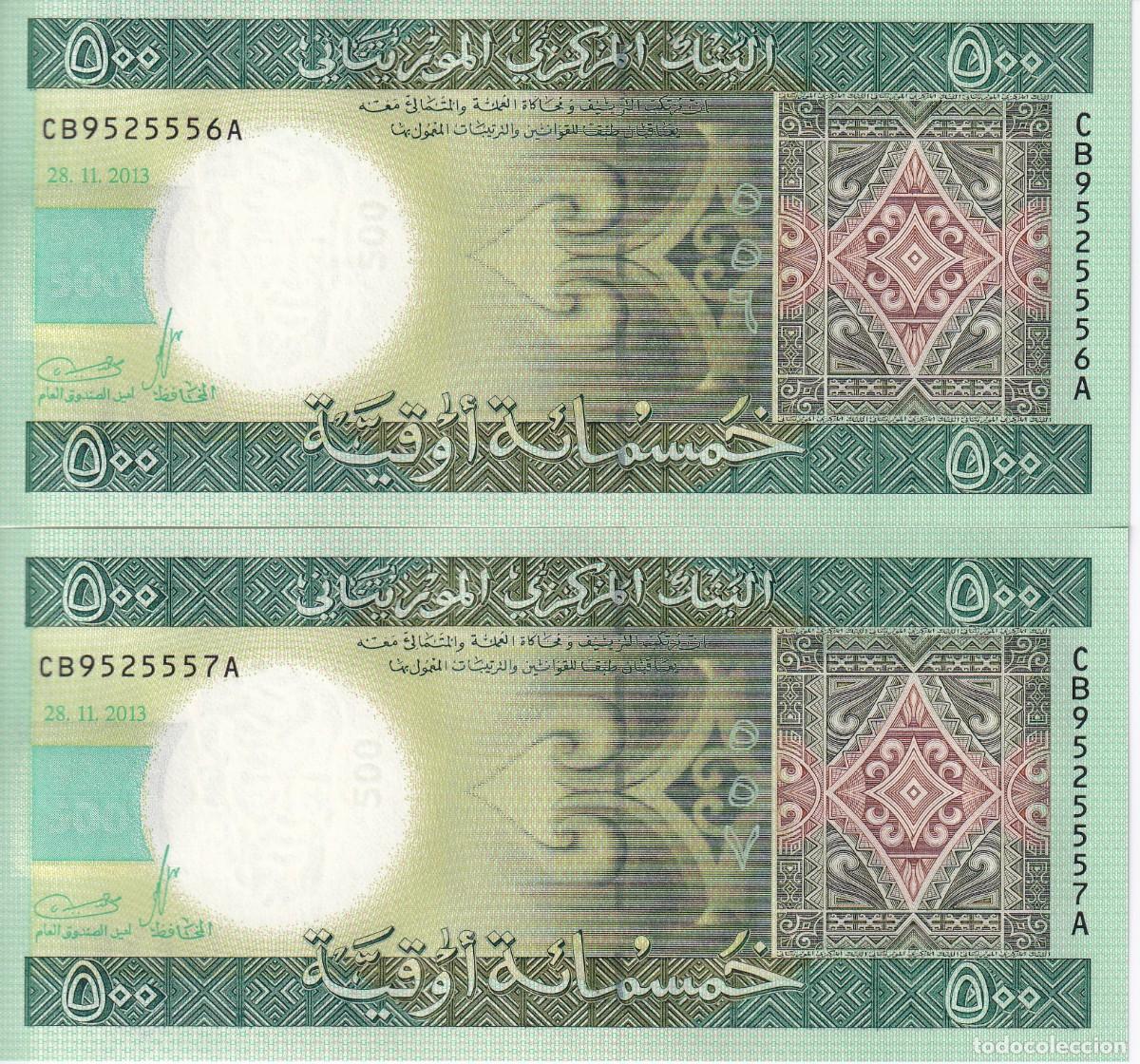Billetes extranjeros: PAREJA CORRELATIVA DE MAURITANIA DE 500 OUGUIYA DEL A&Ntilde;O 2013 SIN CIRCULAR (SC)