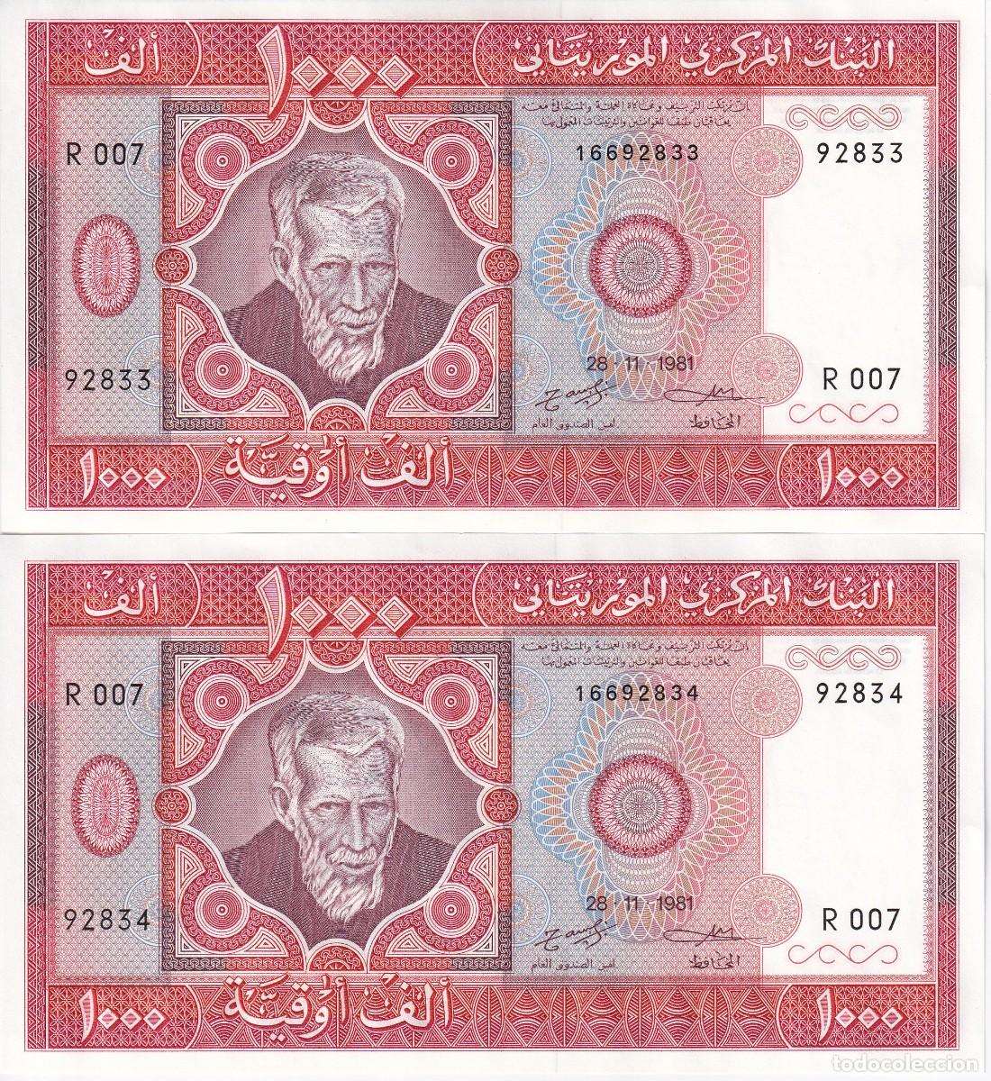 Billetes extranjeros: PAREJA CORRELATIVA DE MAURITANIA DE 1000 OUGUIYA DEL A&Ntilde;O 1981 SIN CIRCULAR (UNC)
