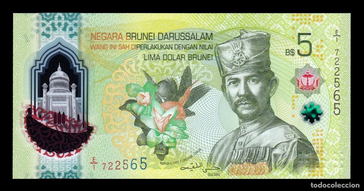 Billetes extranjeros: Brunei 5 D&oacute;lares Hassan al-Bolkiah I 2024 (2026) Pick 42 Nuevo Pol&iacute;mero Sc Unc