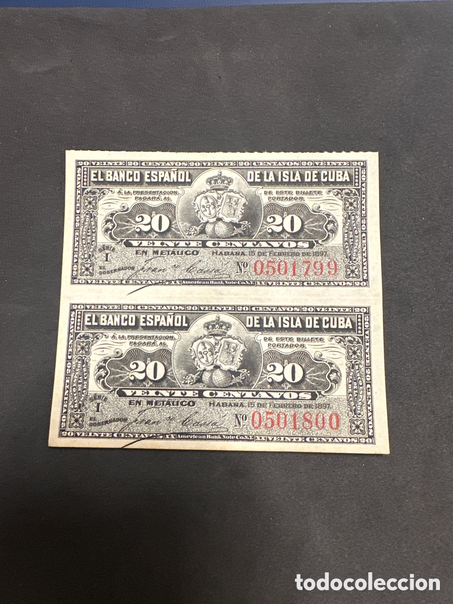 Billetes extranjeros: Pareja de Billetes del Banco Espa&ntilde;ol de la isla de Cuba 20 centavos a&ntilde;o 1897 sin circular