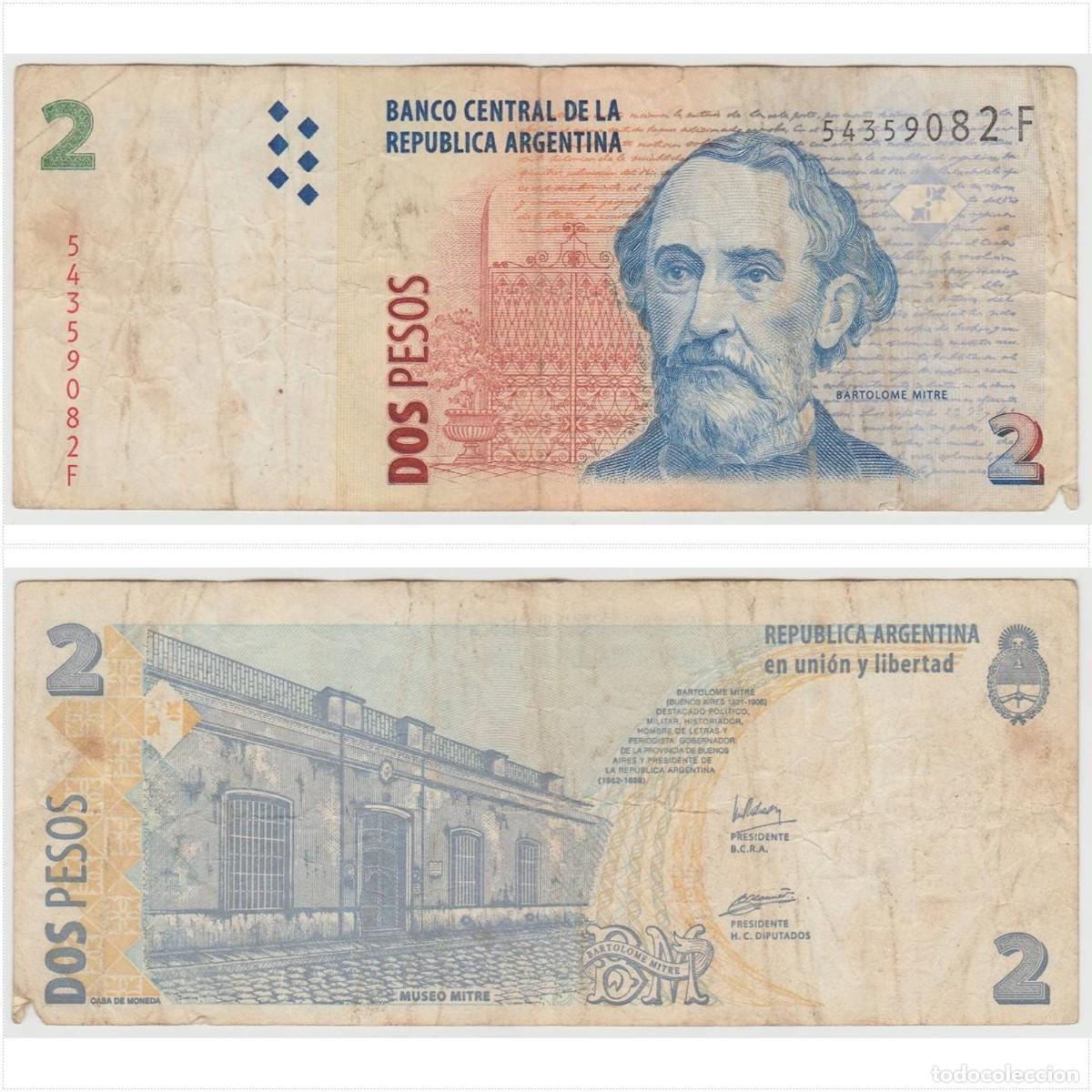 Billetes extranjeros: Argentina 2 pesos n/s 54359082F Circulado (el de la foto)