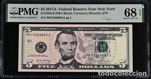 Billetes extranjeros: ESTADOS UNIDOS * BILLETE 5 DOLLARS 2017-A * PMG-68 EPQ TOP POP (IC-1529)
