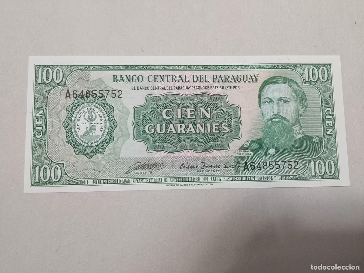 Billetes extranjeros: Billete Paraguay, 100 Guaran&iacute;s, a&ntilde;o 1952, serie A, UNC