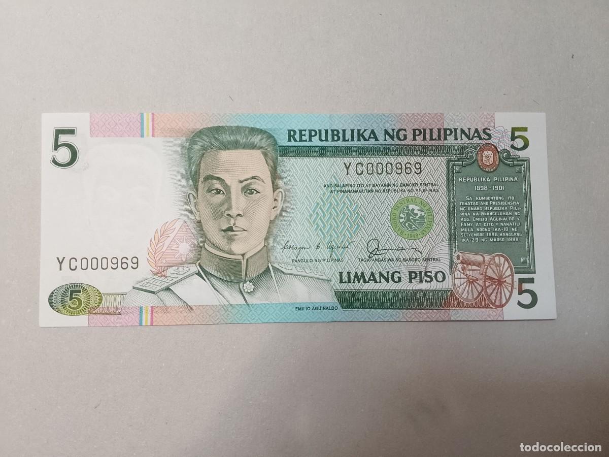 Billetes extranjeros: Billete Filipinas, 5 piso, n&ordm; bajisimo 000969, a&ntilde;o 1949, conmemorativo, UNC
