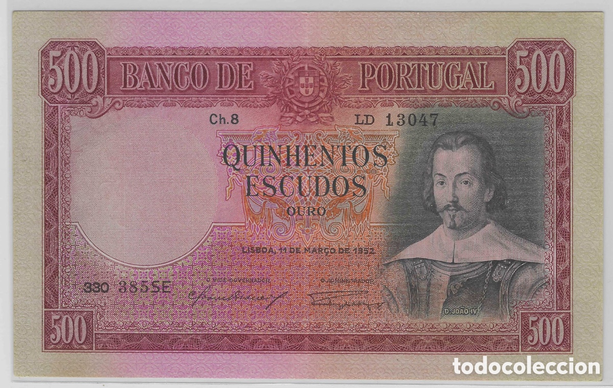 Billetes extranjeros: Billete Portugal 500 escudos 1952 D. Jo&atilde;o IV Ch8