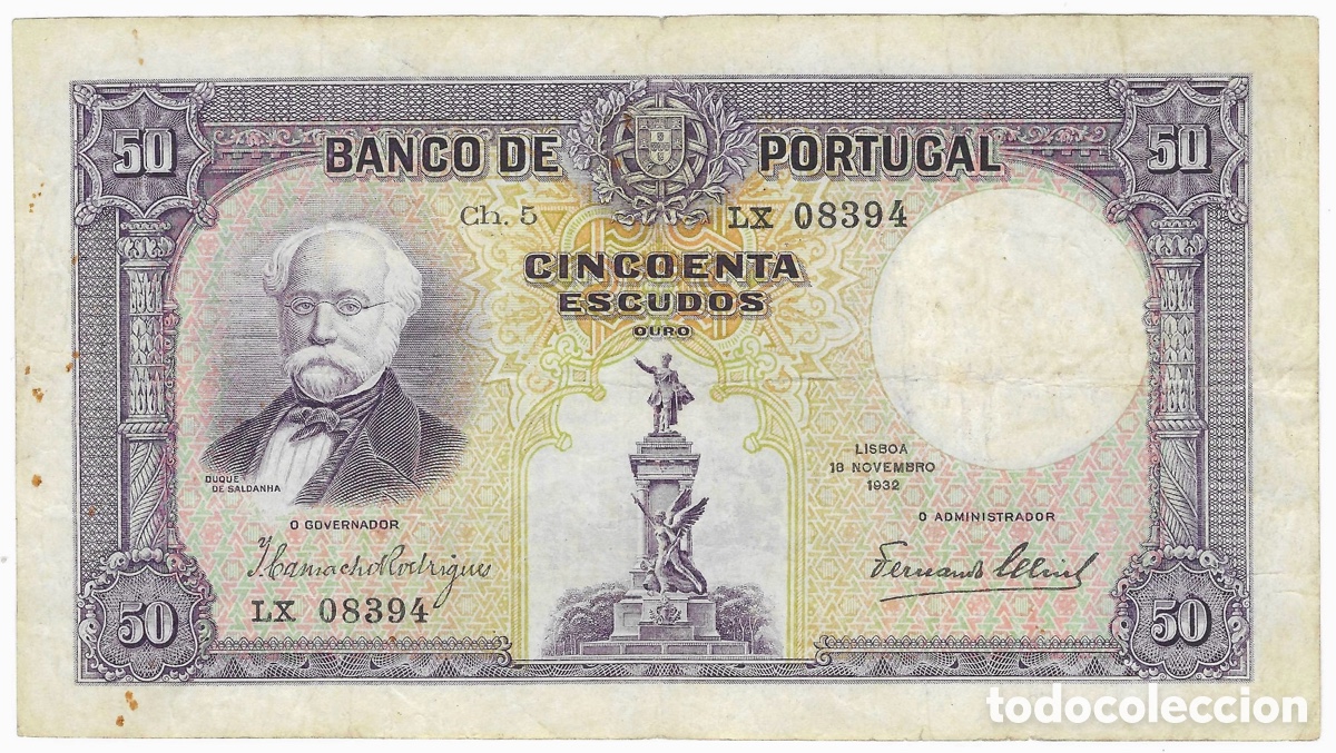 Billetes extranjeros: Billete 50 escudos 1932 Portugal Ch5 Duque de Saldanha