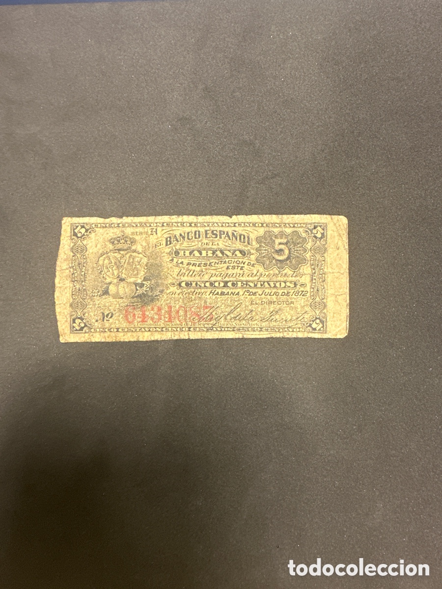 Billetes extranjeros: Billete del Banco Espa&ntilde;ol de La Habana 5 centavos a&ntilde;o 1872