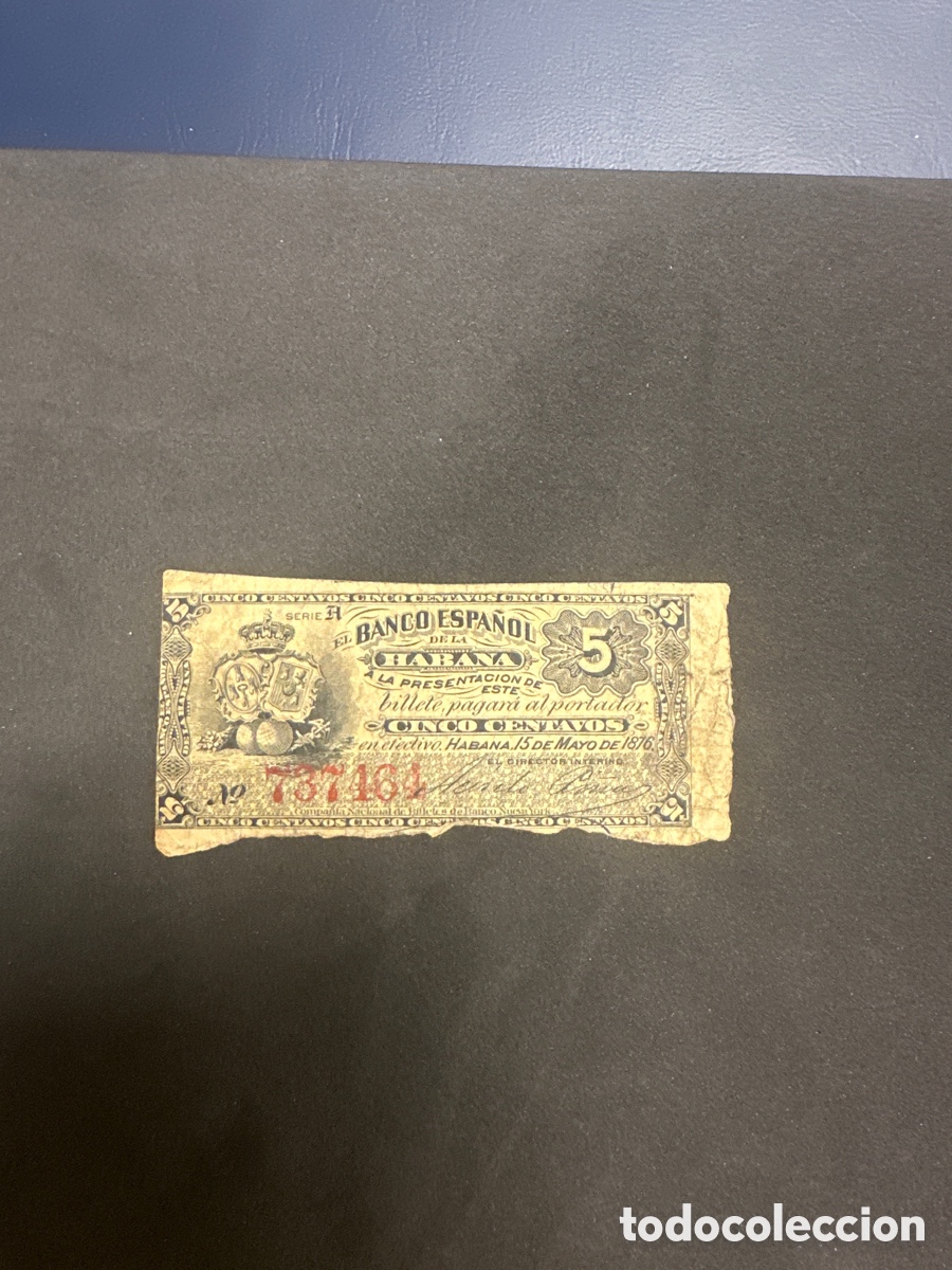 Billetes extranjeros: Billete del Banco Espa&ntilde;ol de La Habana 5 centavos a&ntilde;o 1876