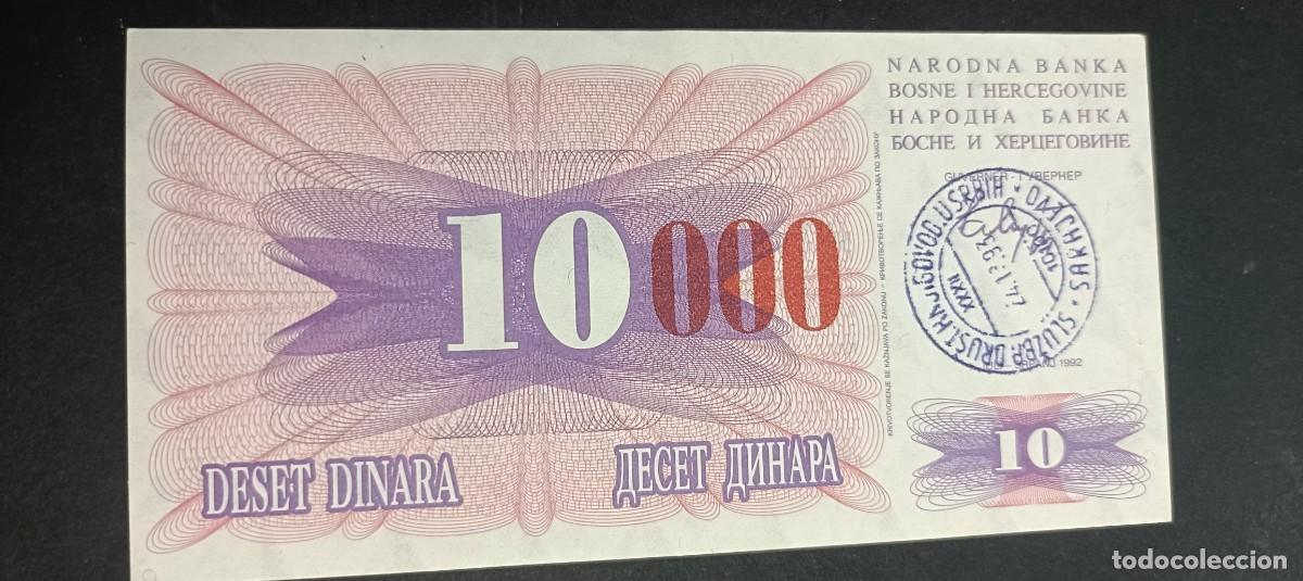 Billetes extranjeros: BOSNIA HERZEGOVINA 10000 DINARA 1993 S/C P=53h( ROJO RETIMBRADO)