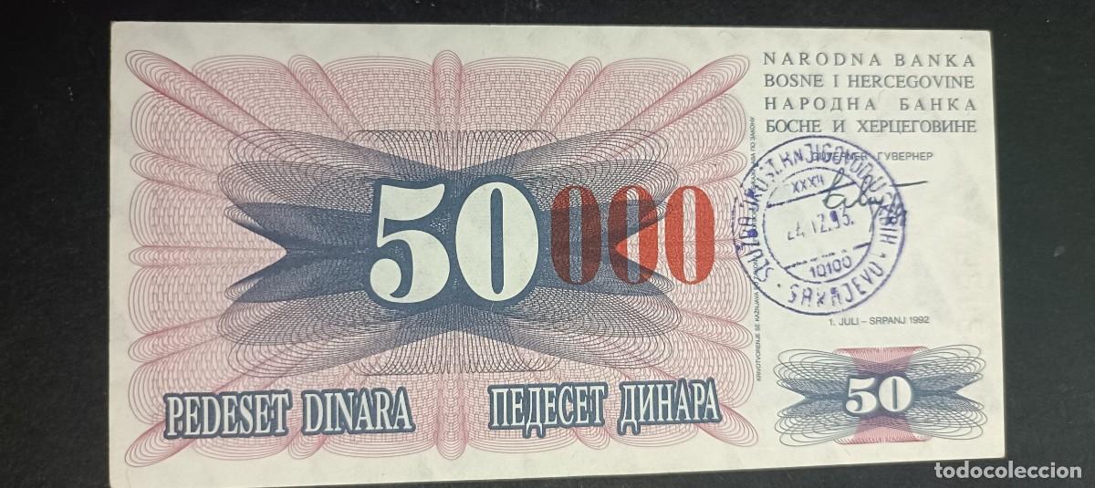 Billetes extranjeros: BOSNIA HERZEGOVINA 50000 DINARA 1993 S/C P=55f( ROJO RETIMBRADO)