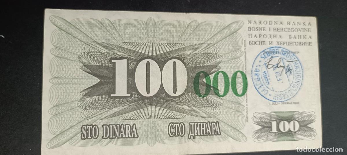 Billetes extranjeros: BOSNIA HERZEGOVINA 100000 DINARA 1993 S/C P=56G(VERDE RETIMBRADO)