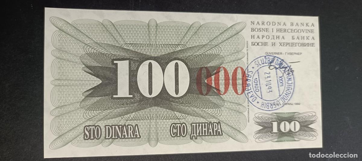 Billetes extranjeros: BOSNIA HERZEGOVINA 100000 DINARA 1993 S/C P=56j(ROJO RETIMBRADO)