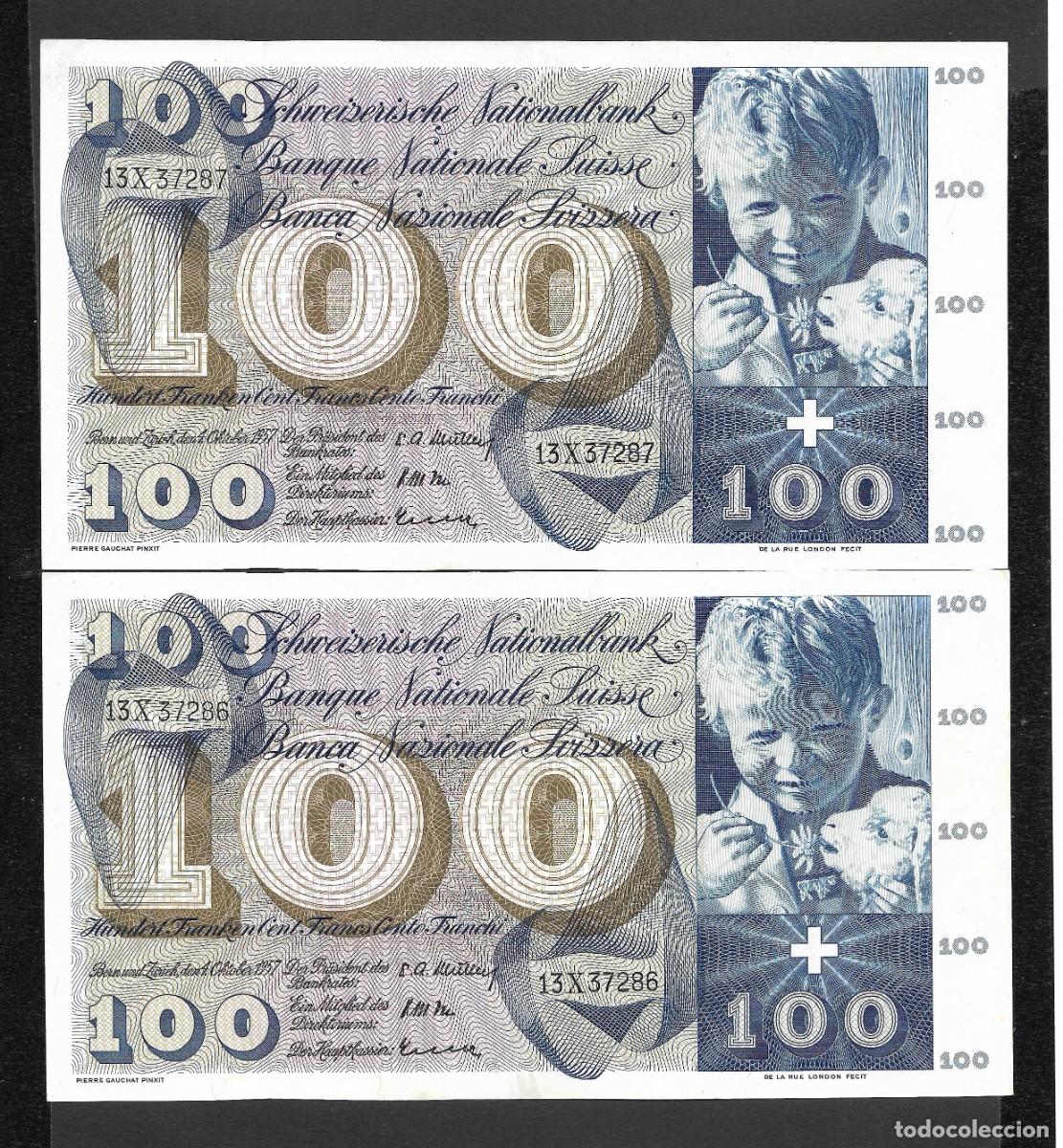 Billetes extranjeros: SUIZA PAREJA CORRELATIVA 100 FRANCOS 1957 EBC+/S/C-