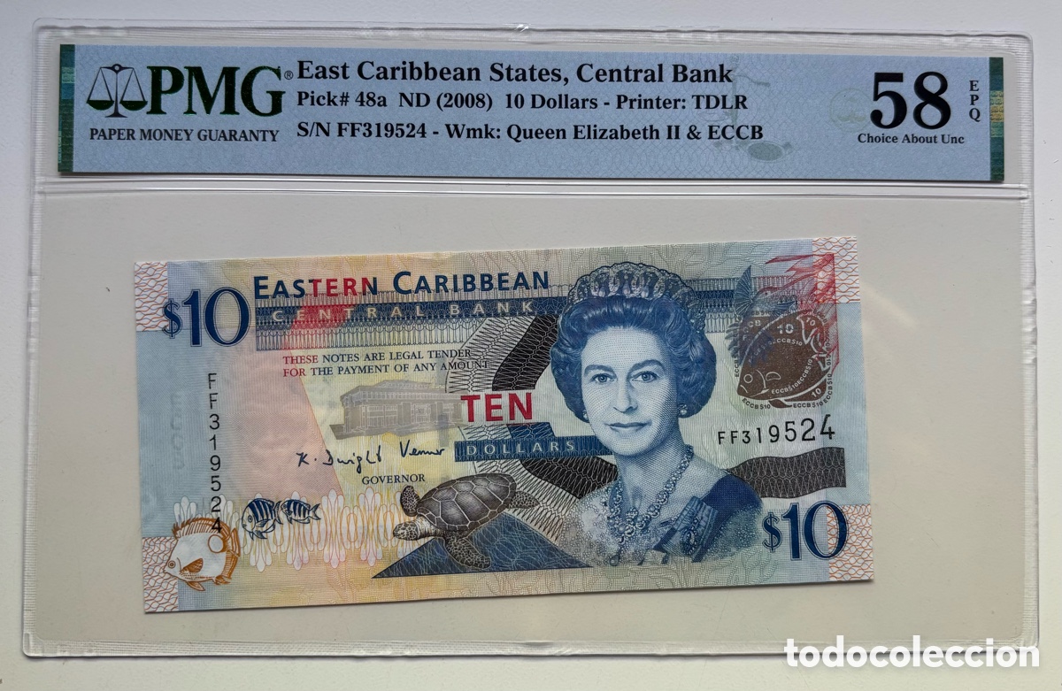Billetes extranjeros: Billete ESTADOS DEL CARIBE 10 Dolares 2008 Certificado PMG 58. East Caribbean Dollars