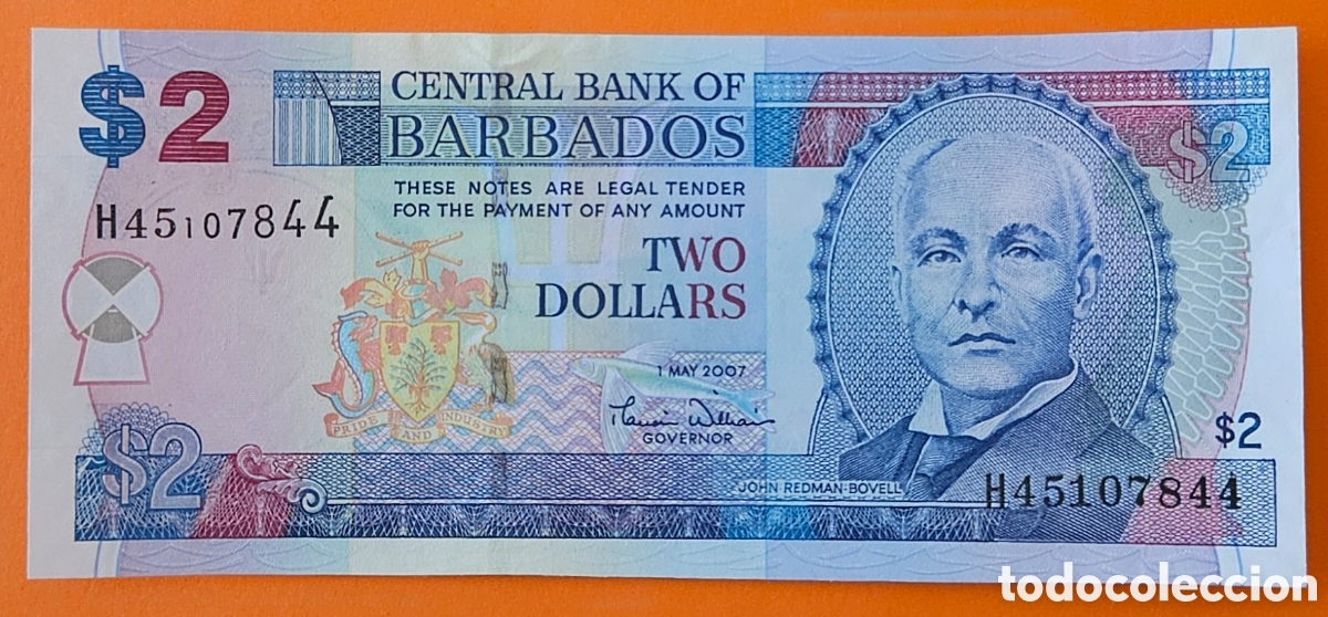 Billetes extranjeros: BARBADOS, 2 D&Oacute;LARES. SC.
