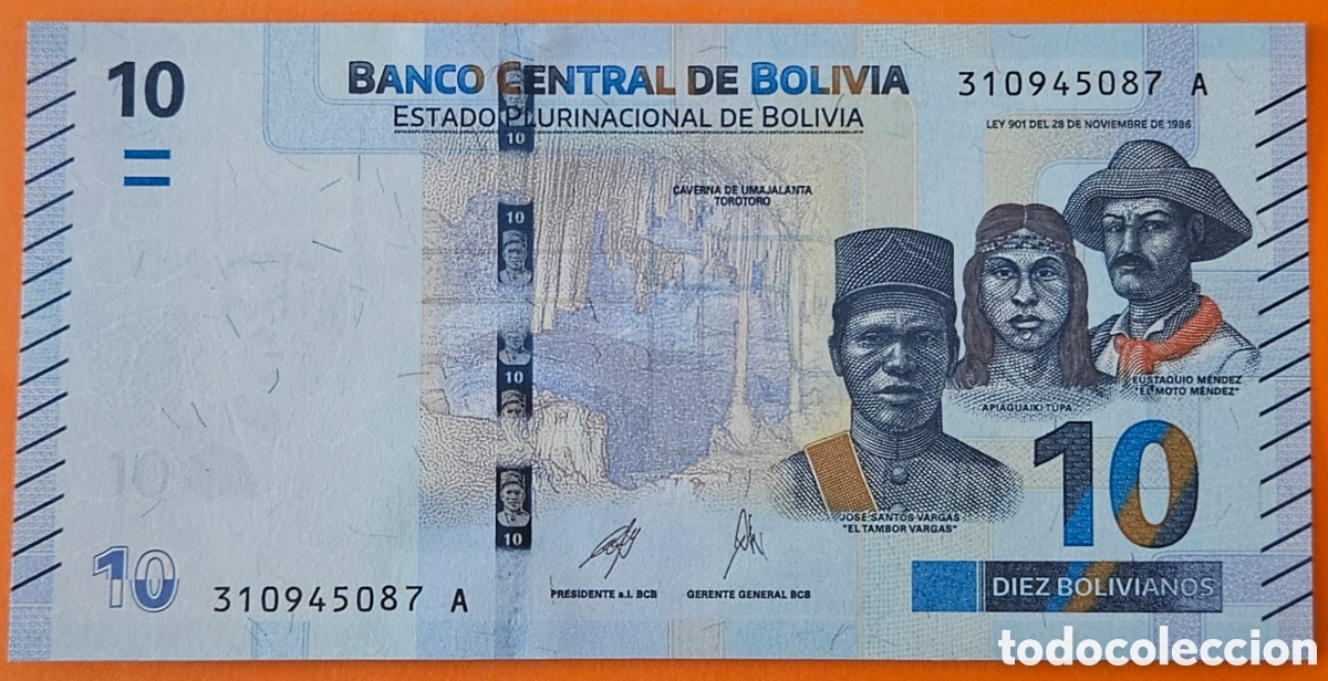 Billetes extranjeros: BOLIVIA, 10 BOLIVIANOS, 1986. SC.
