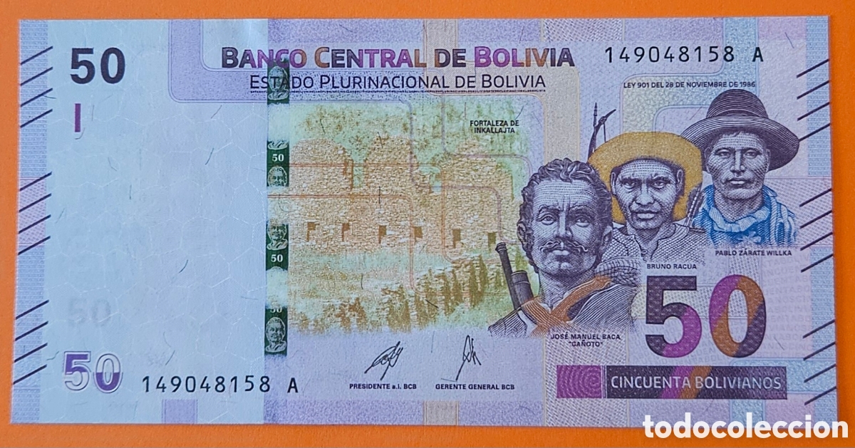 Billetes extranjeros: BOLIVIA, 50 BOLIVIANOS, 1986. SC.
