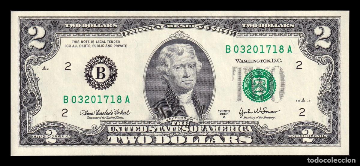 Billetes extranjeros: Estados Unidos 2 D&oacute;lares Thomas Jefferson 2003A Pick 516b B - Nueva York NY Sc Unc