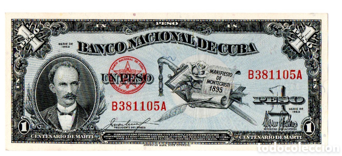 Billetes extranjeros: Billete 1 Peso Cuba 1953 Conmemorativo SC