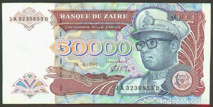 Billetes extranjeros: ZAIRE. 50000 zaires 24.4.1991. Pick 40. Fauna, gorilas. Prefijo 2 letras.