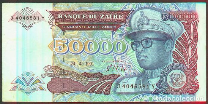 Billetes extranjeros: ZAIRE. 50000 zaires 24.4.1991. Pick 40. Fauna, gorilas. Prefijo 1 letra.