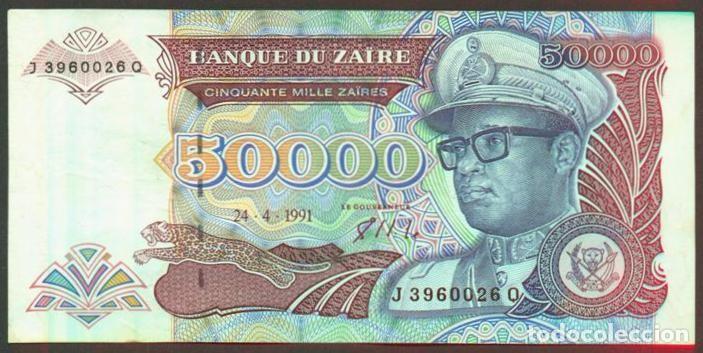 Billetes extranjeros: ZAIRE. 50000 zaires 24.4.1991. Pick 40. Fauna, gorilas. Prefijo 1 letra.