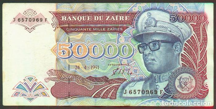Billetes extranjeros: ZAIRE. 50000 zaires 24.4.1991. Pick 40. Fauna, gorilas. Prefijo 1 letra.