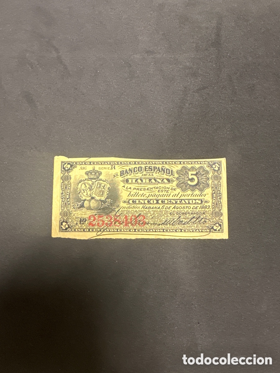 Billetes extranjeros: Billete del banco Espa&ntilde;ol de La Habana 5 centavos a&ntilde;o 1883, raro