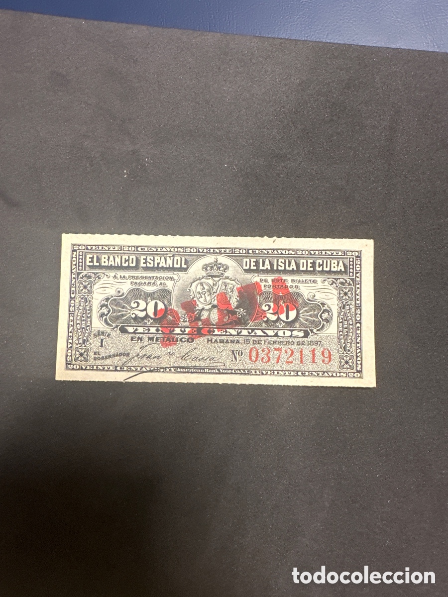 Billetes extranjeros: Billete de la isla de Cuba de 20 centavos a&ntilde;o 1897 sin circular con sello de plata raro