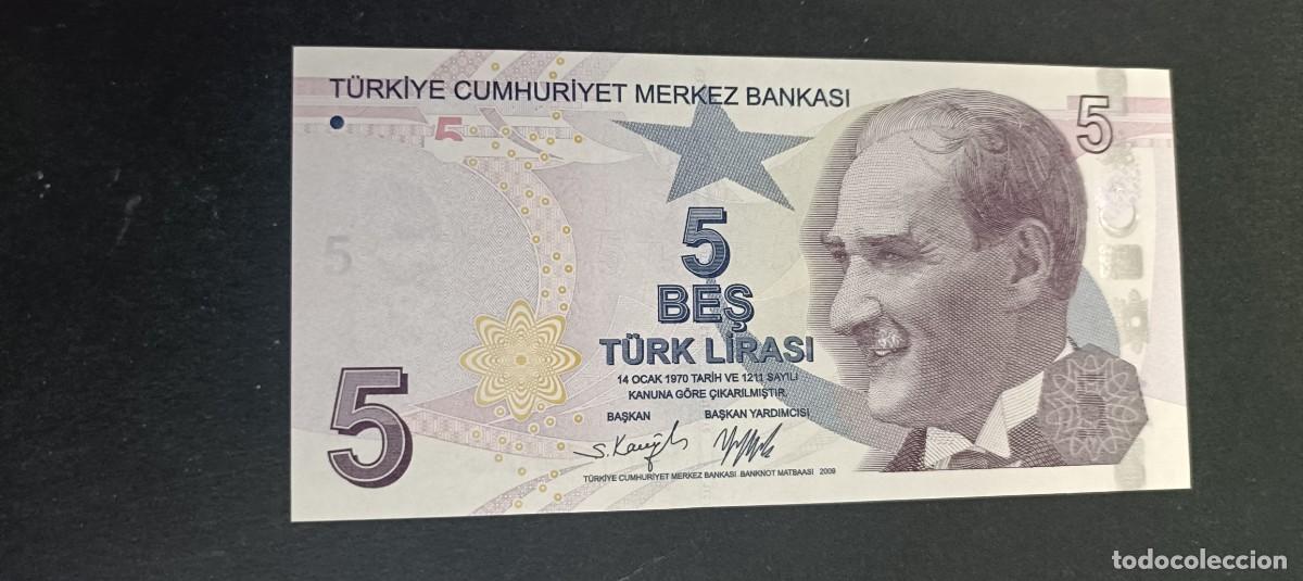 Billetes extranjeros: TURQUIA(TURKIA) 5 LIRAS 2009 S/C P=222b(PURPURA)