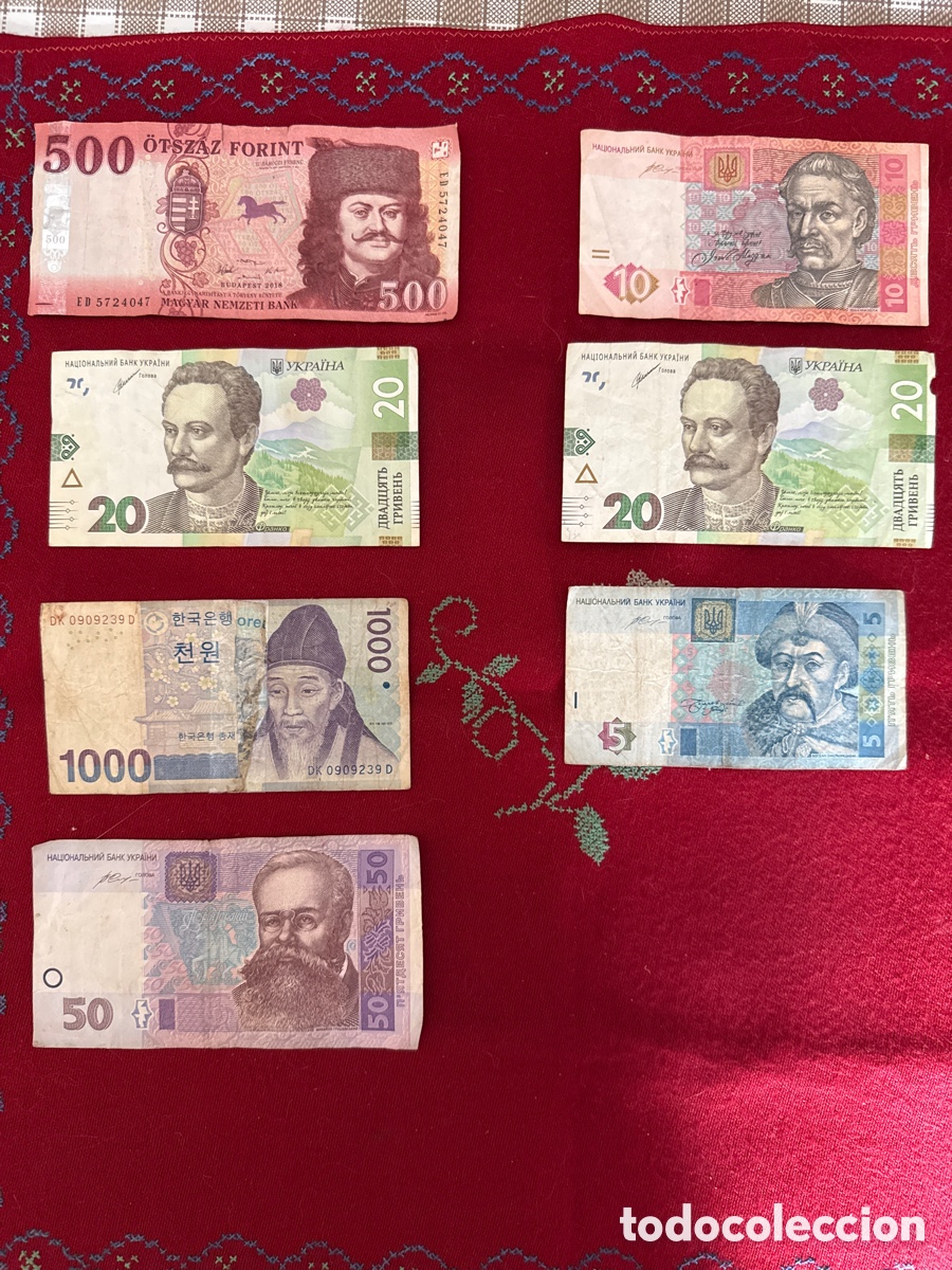 Billetes extranjeros: Lote de billetes internacionales aut&eacute;nticos &ndash; Ucrania, Hungr&iacute;a y Corea del Sur.