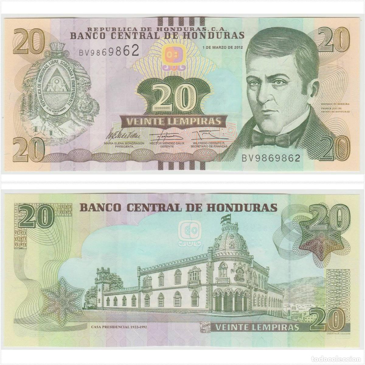 Billetes extranjeros: HONDURAS 20 Lempiras 2012 n/s BV9869862 Sin Circular (el de la foto)