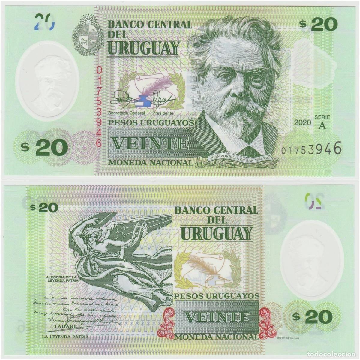 Billetes extranjeros: URUGUAY 20 Pesos 2020 n/s 01753946 Pol&iacute;mero Sin Circular (el de la foto)