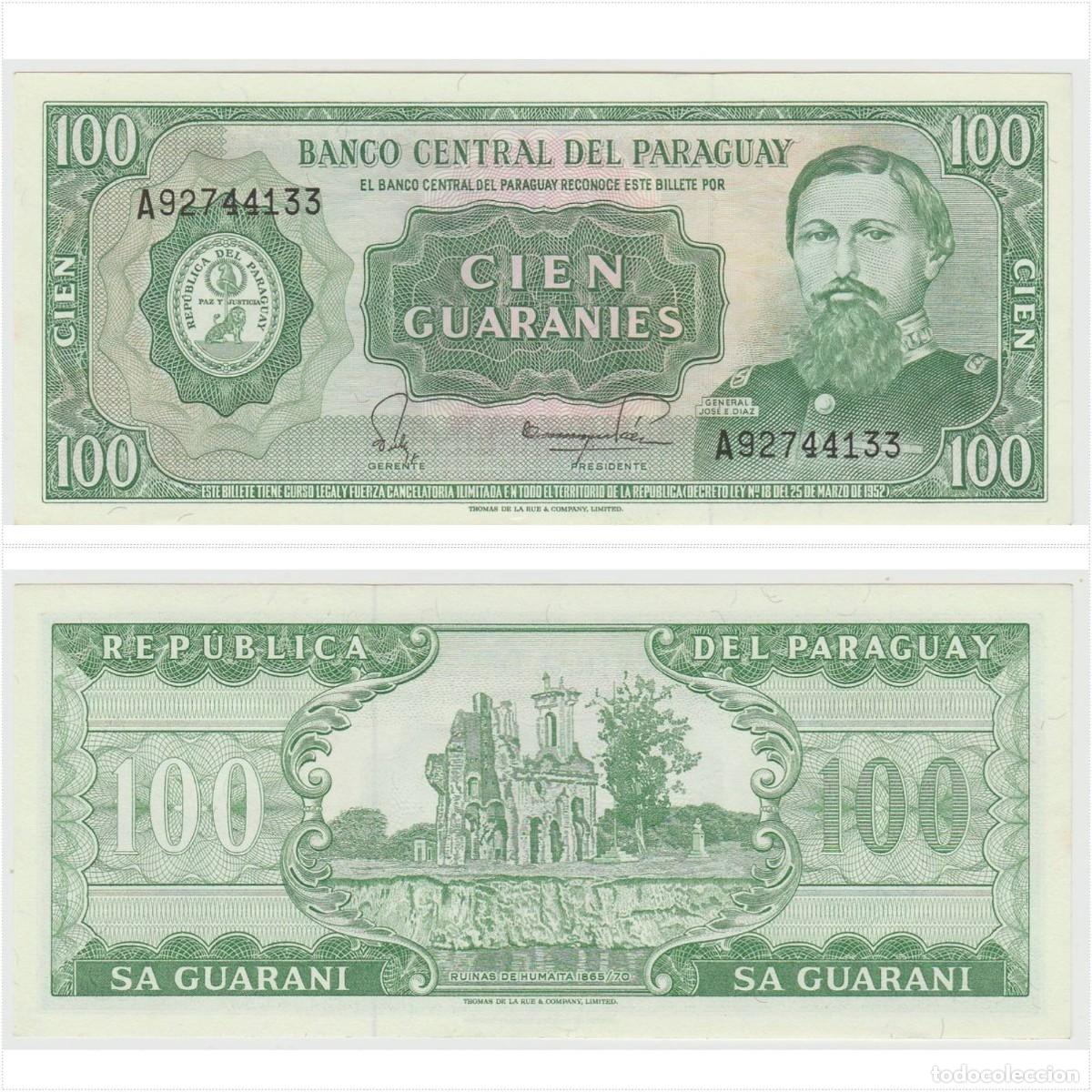 Billetes extranjeros: PARAGUAY 100 Guaran&iacute;es 1952 (1982) n/s A92744133 (el de la foto)