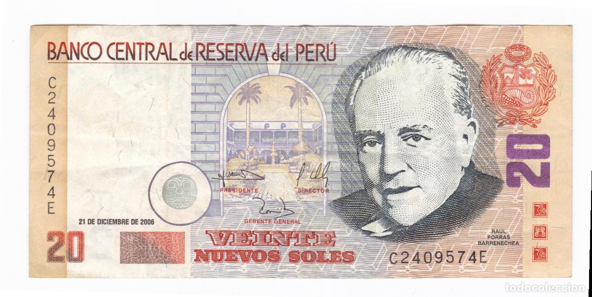 Billetes extranjeros: Per&uacute;. Billete de 20 Nuevos Soles. A&ntilde;o 2006. Pick 176. N# 206984. MBC+ VF+